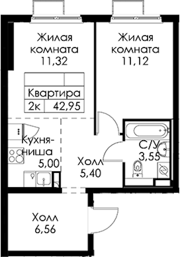 1-комнатная квартира 42.95 м², 2/15 эт., ЖК «Янинский лес»